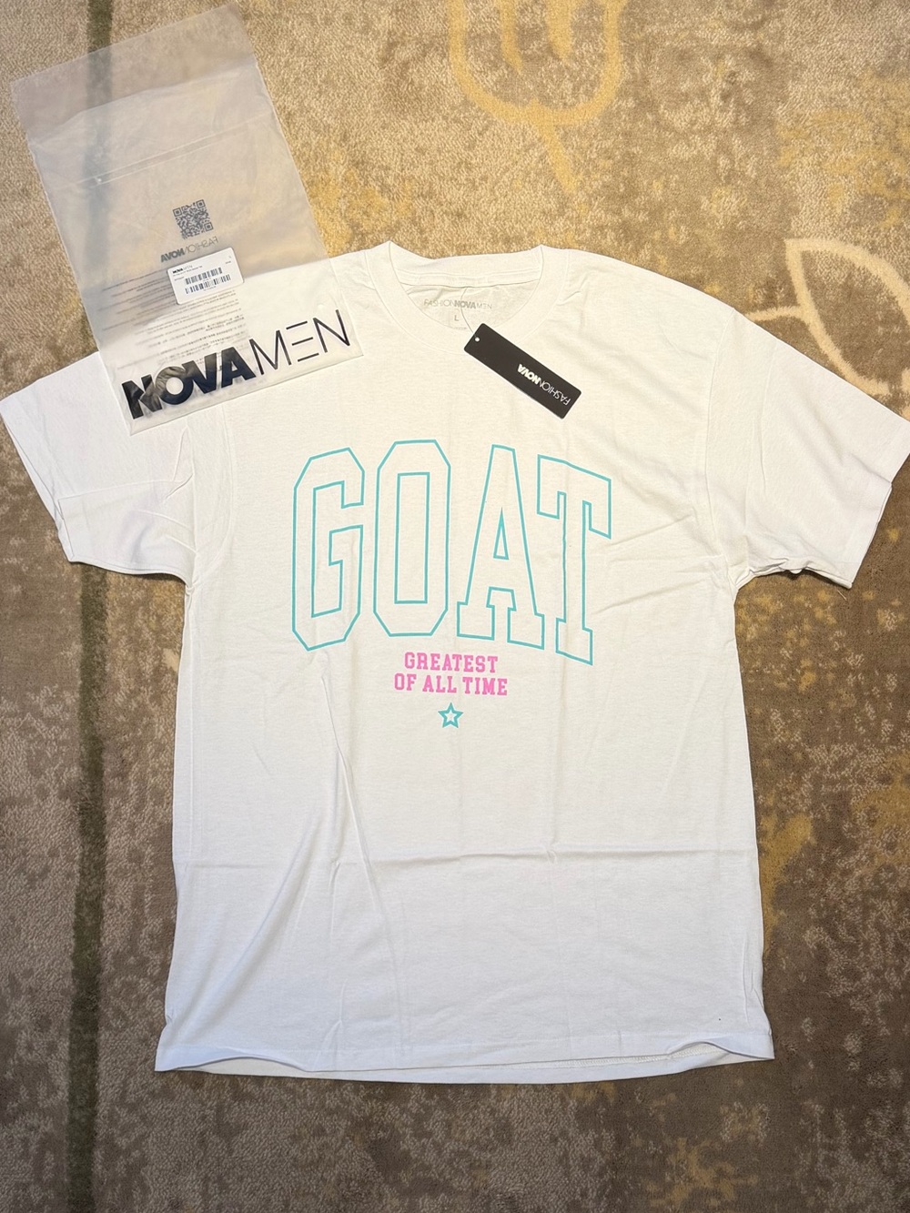 Fashion Nova Men White GOAT Graphic Tee with Aqua Outline and Pink Text